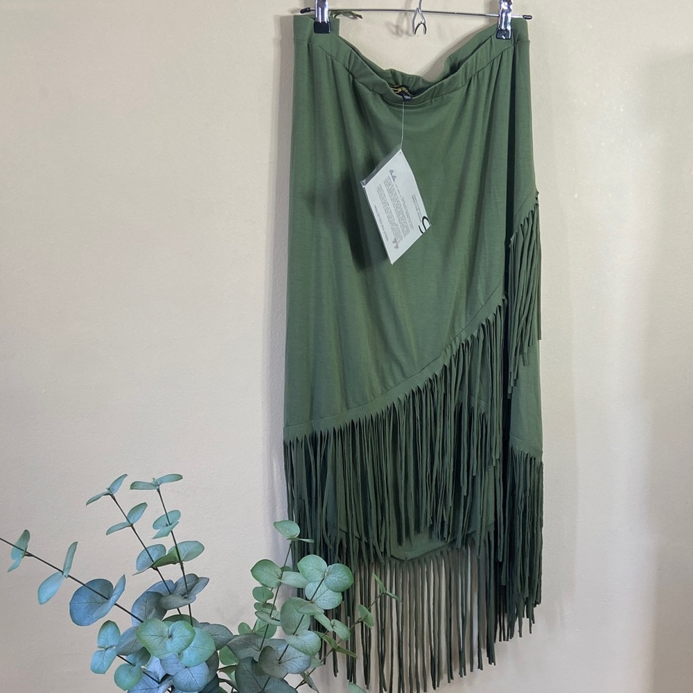 Olive Green Fringe Skirt 3X Plus Asymmetrical Boho NWT Maxi Serena Williams